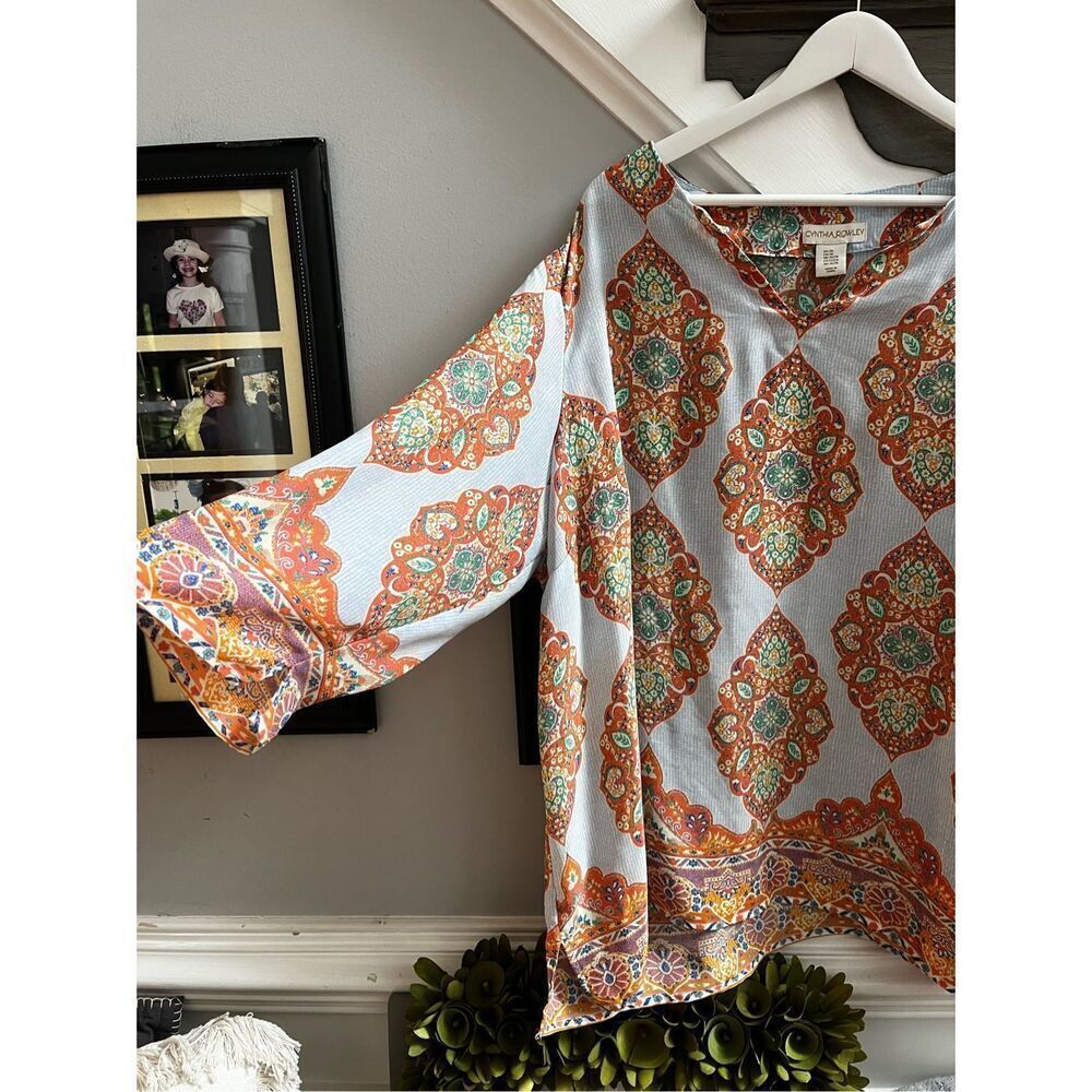 Cynthia Rowley Light Blue & Orange Indian Print Tunic Top sz 3X EUC - Picture 3 of 7